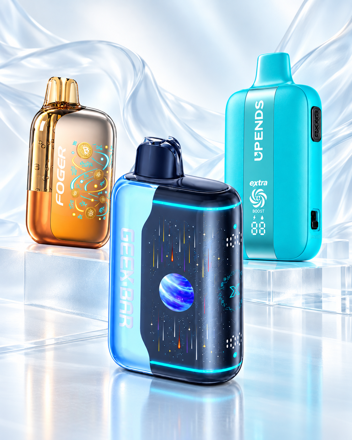 Selection of current VapesNearby devices on glass plinths