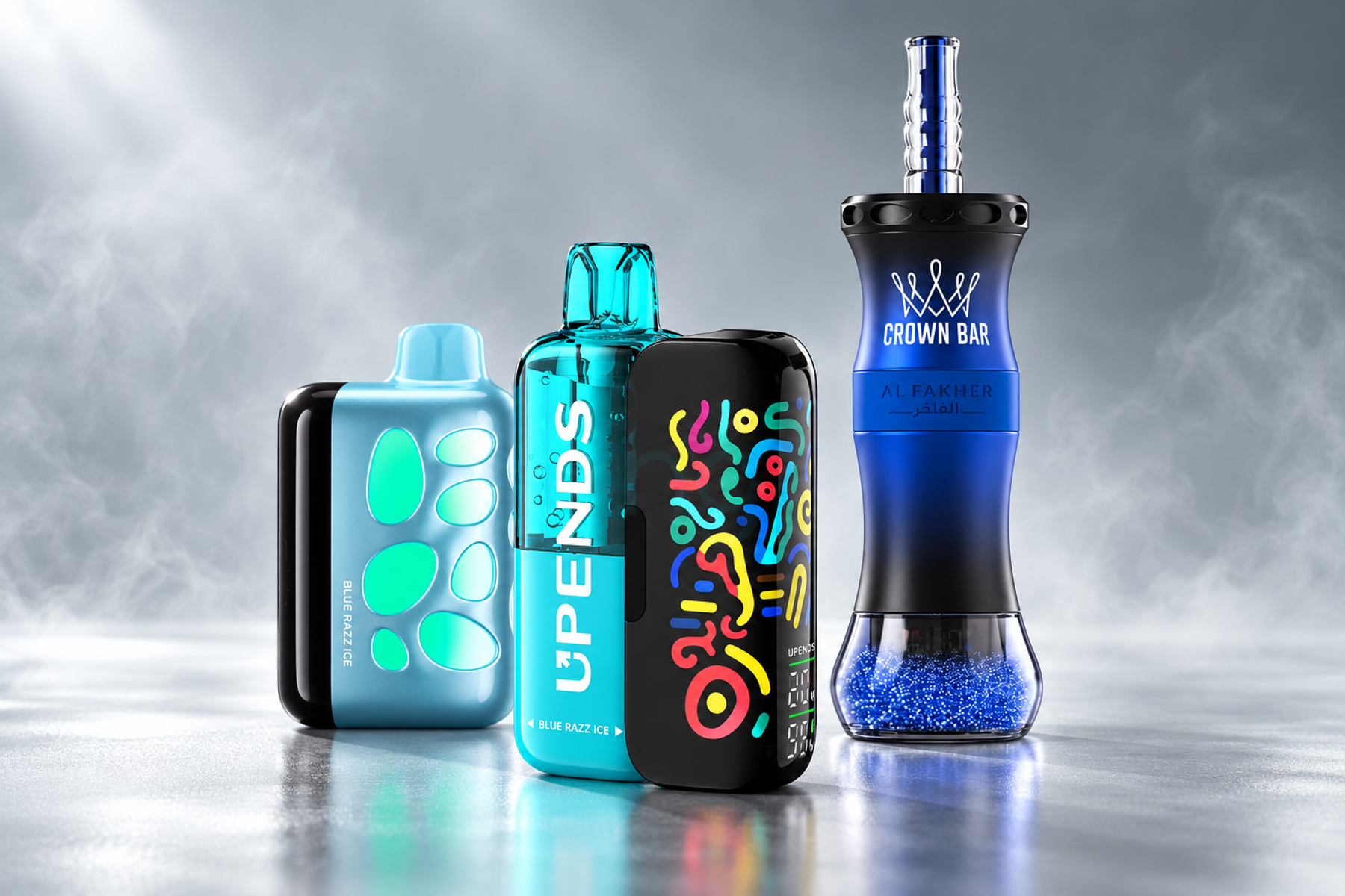 Four disposable vape devices from different brands arranged on a cool gray studio background