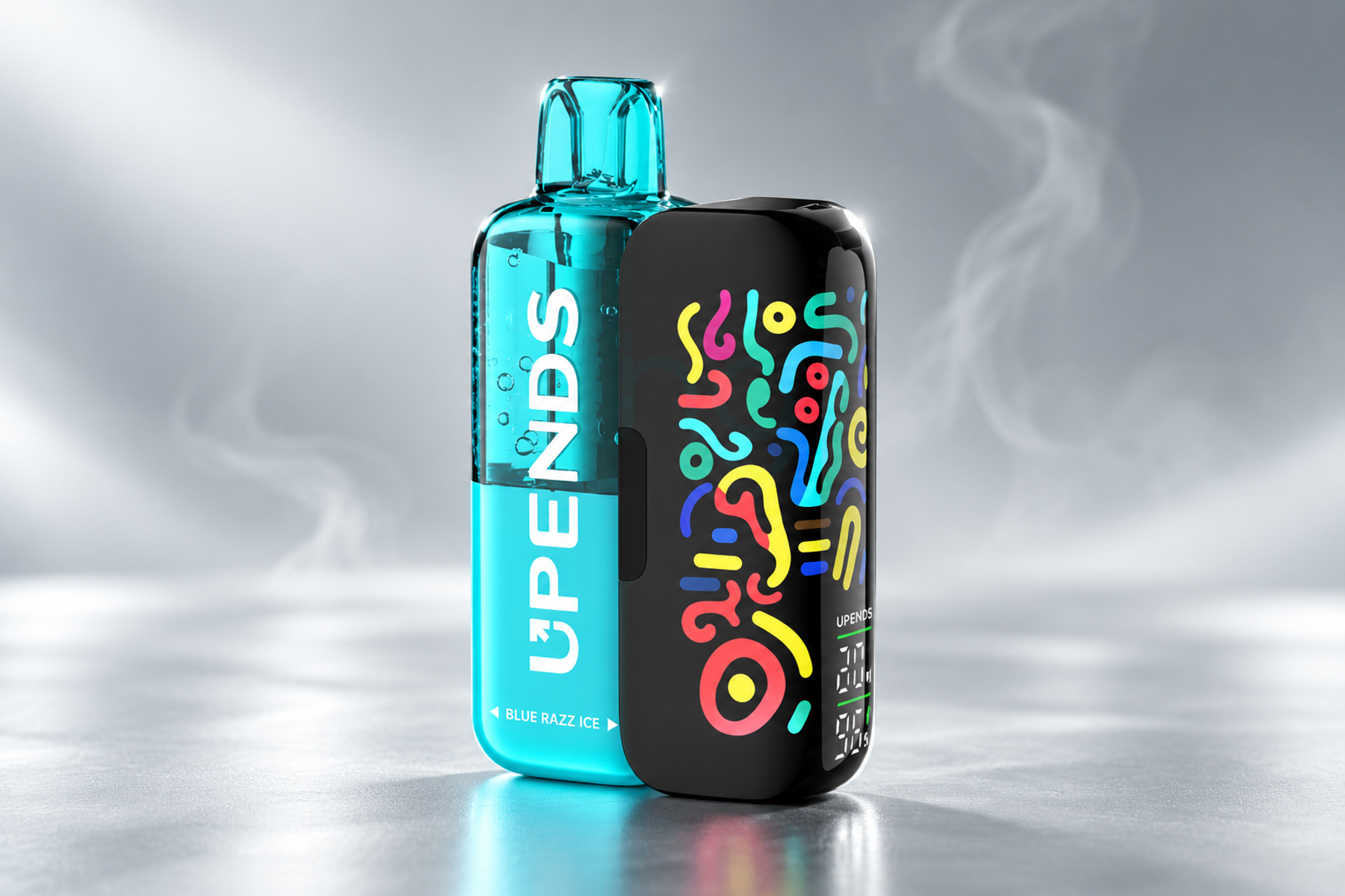 Two UPENDS disposable vape devices on a cool gray studio background