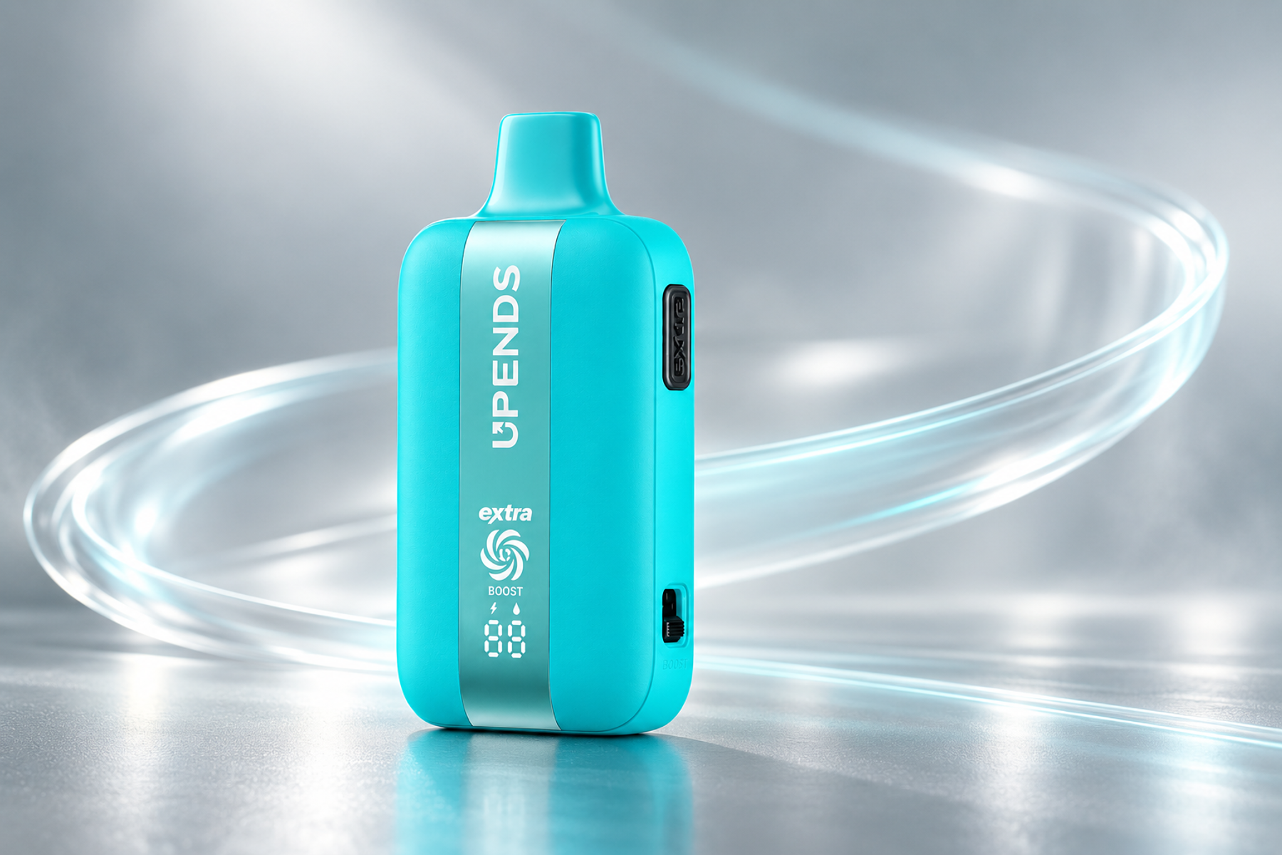 Turquoise UPENDS disposable vape device with a luminous delivery trail