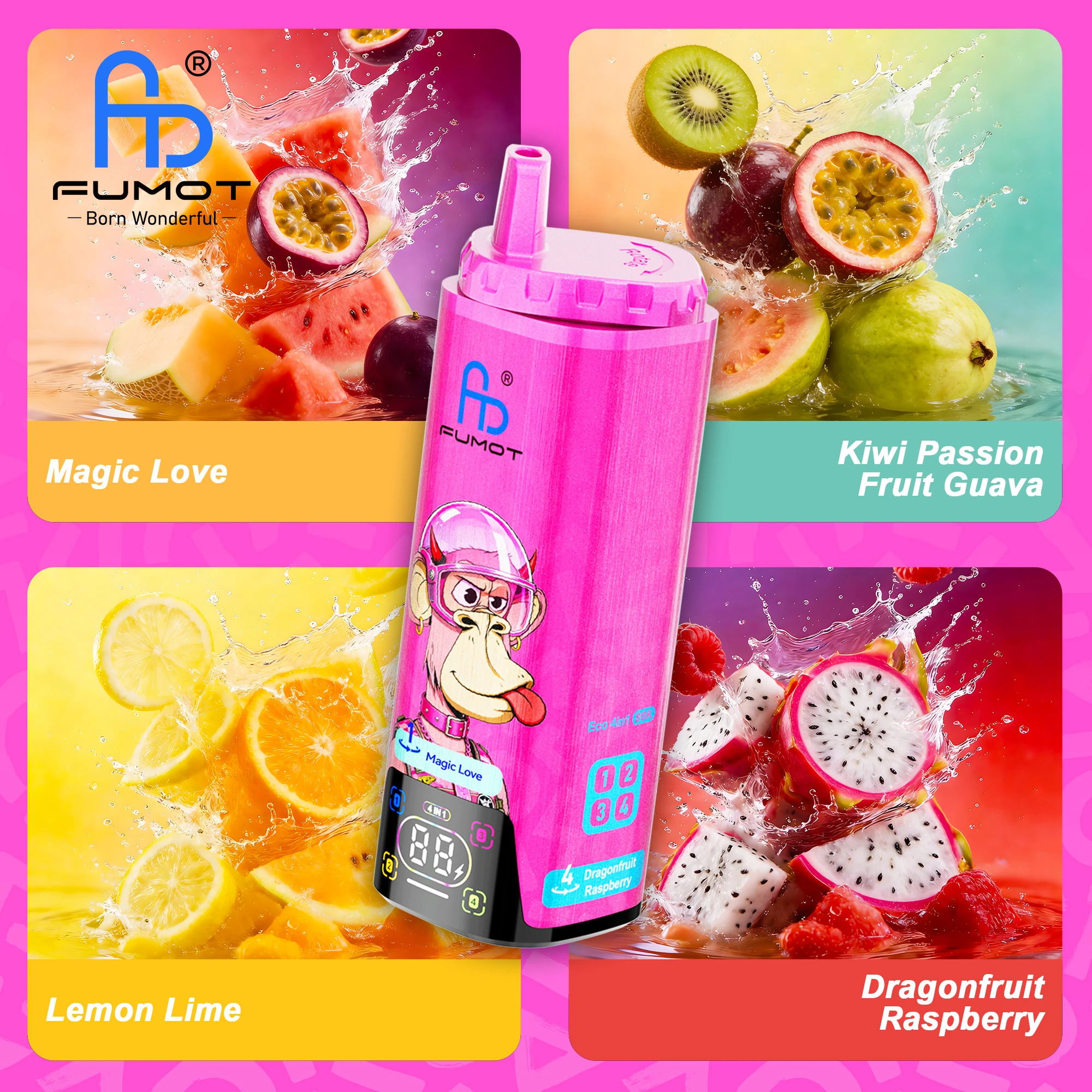 FUMOT ECO 4in1 80K 2% 4×6.5ml MAGIC LOVE & KIWI PASSION FRUIT GUAVA & DRAGONFRUIT RASPBERRY & LEMON LIME