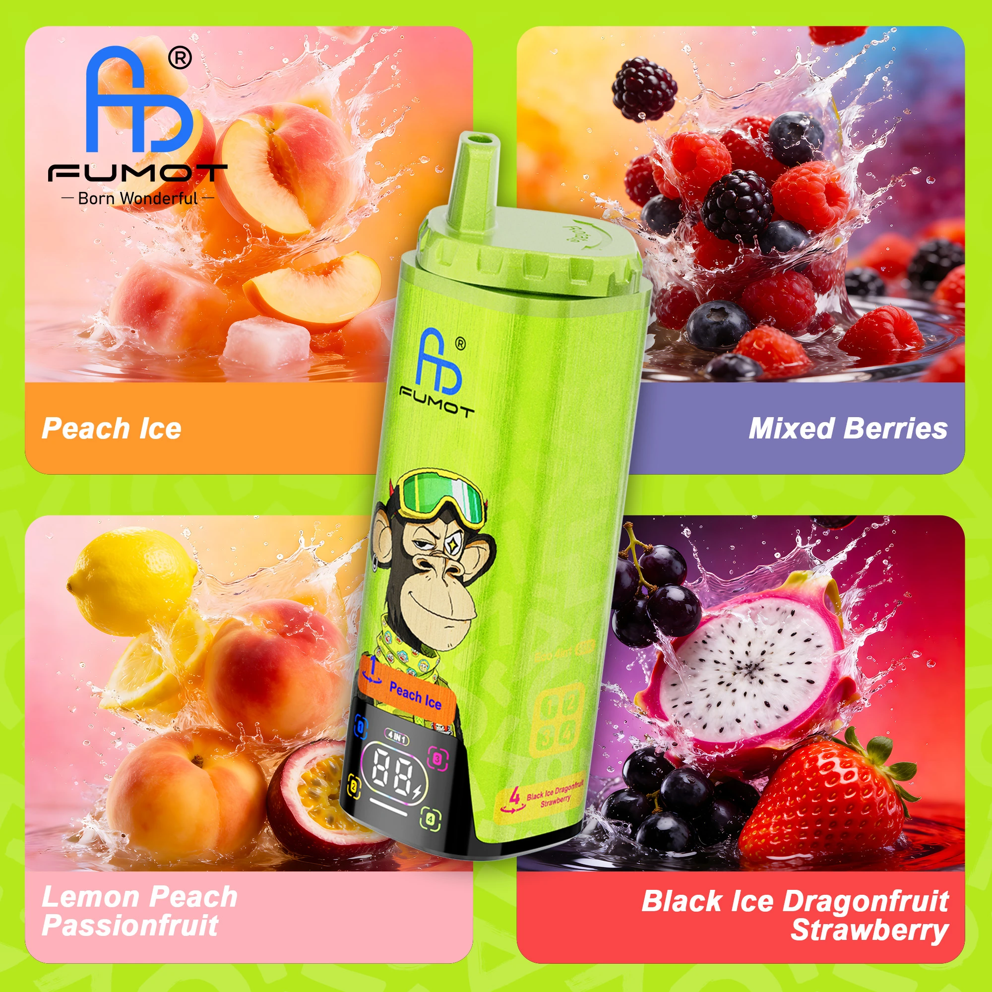 FUMOT ECO 4in1 80K 2% 4×6.5ml PEACH ICE & MIXED BERRIES & LEMON PEACH PASSIONFRUIT & BLACK ICE DRAGONFRUIT STRAWBERRY