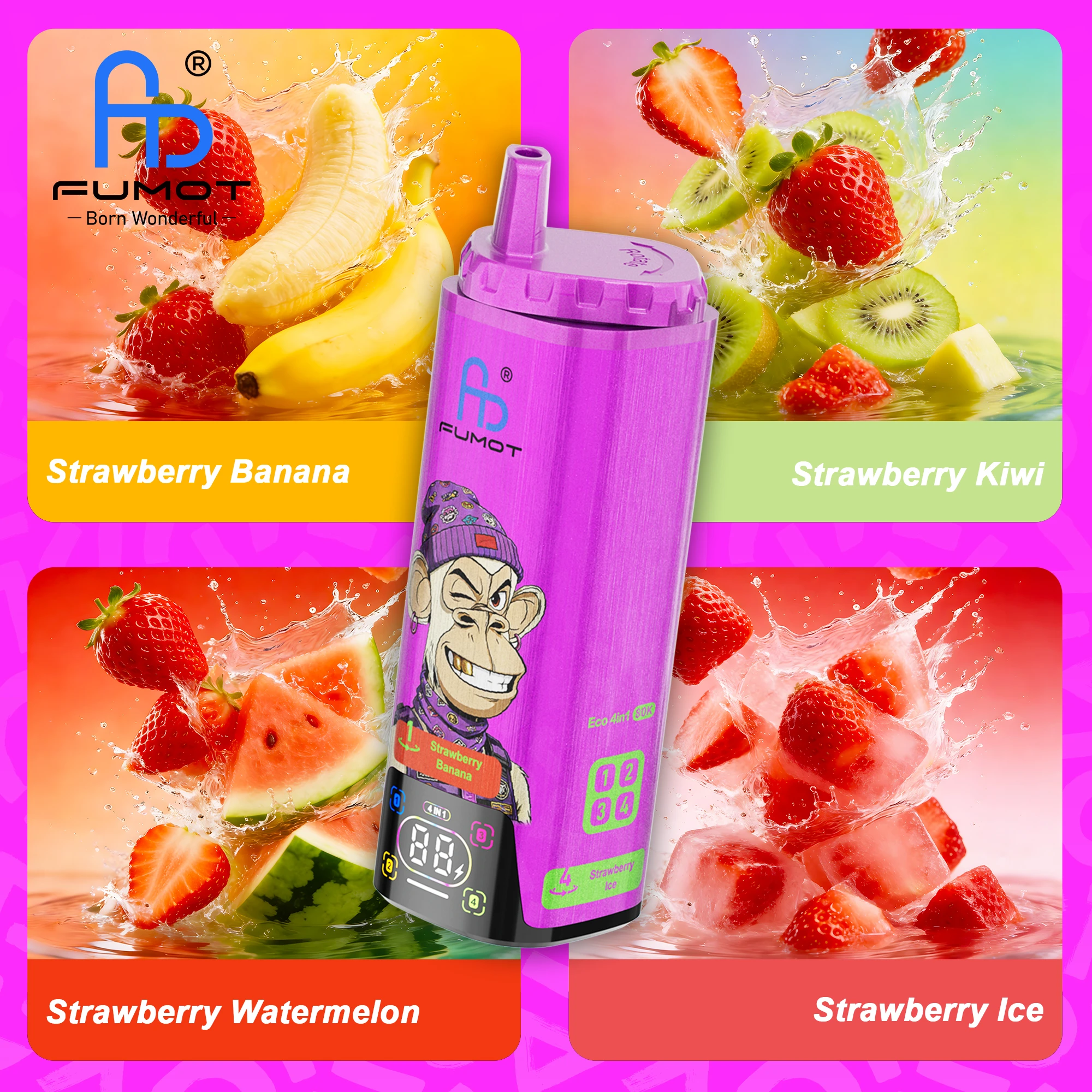 FUMOT ECO 4in1 80K 2% 4×6.5ml STRAWBERRY BANANA & STRAWBERRY KIWI & STRAWBERRY WATERMELON & STRAWBERRY ICE