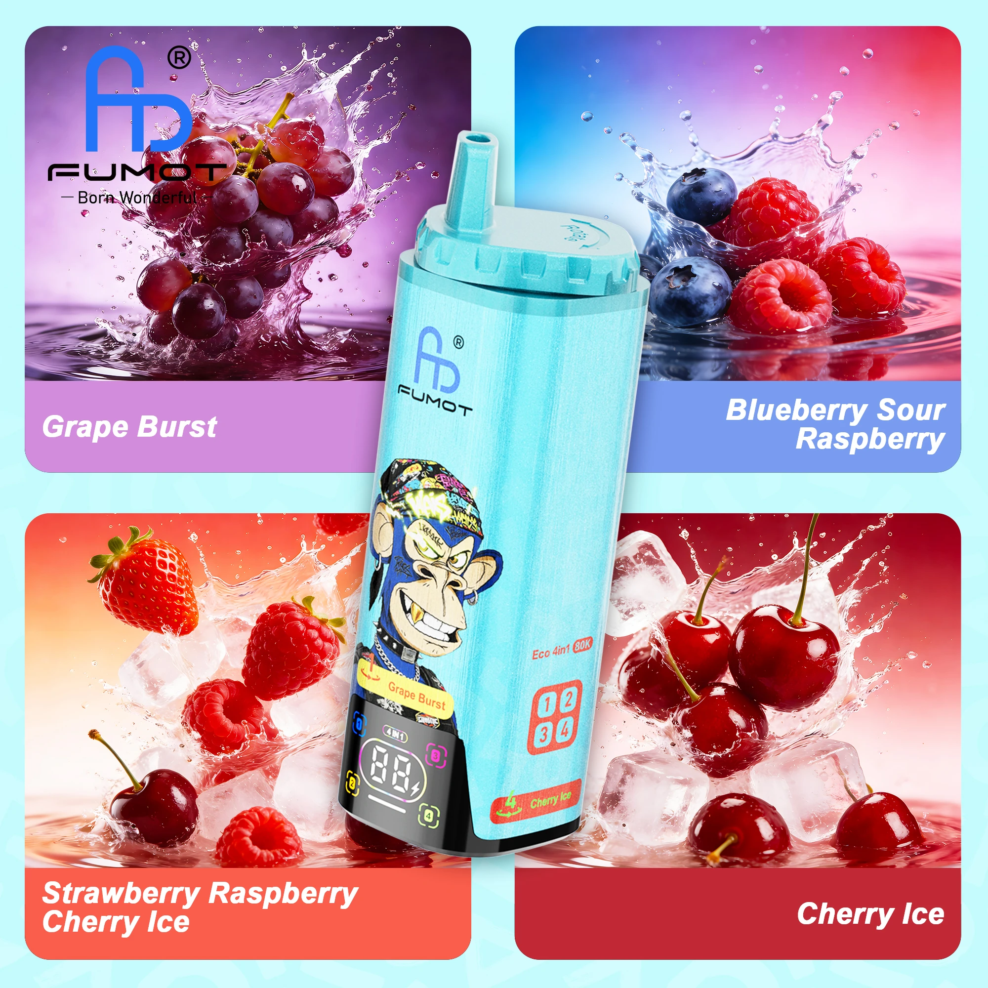 FUMOT ECO 4in1 80K 2% 4×6.5ml GRAPE BURST & BLUEBERRY SOUR RASPBERRY & STRAWBERRY RASPBERRY CHERRY ICE & CHERRY ICE