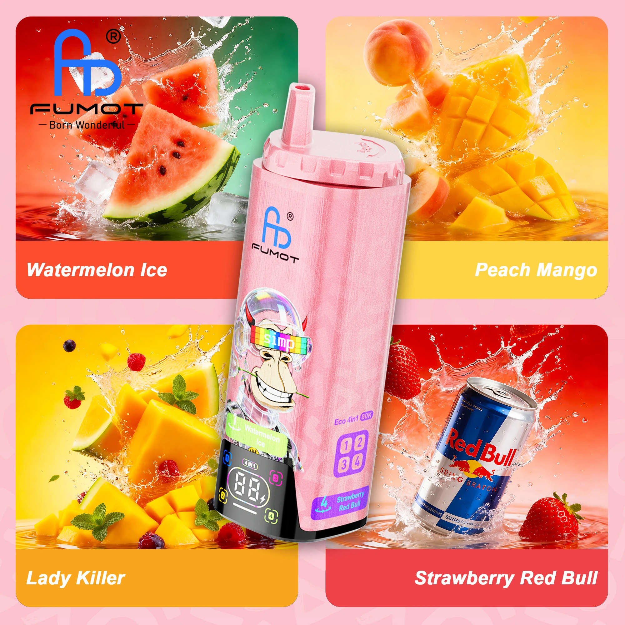 FUMOT ECO 4in1 80K 2% 4×6.5ml WATERMELON ICE & PEACH MANGO & LADY KILLER & STRAWBERRY RED BULL
