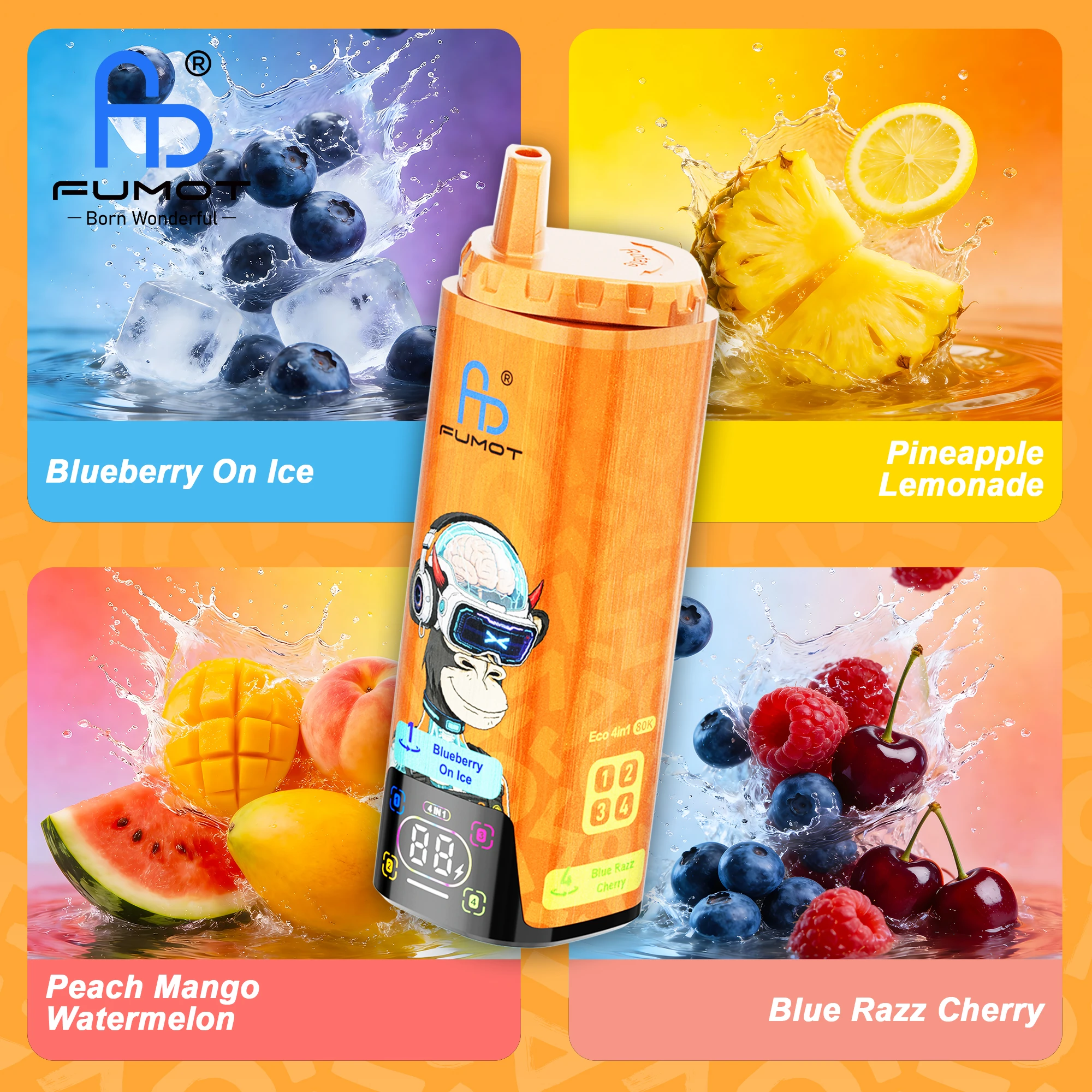 FUMOT ECO 4in1 80K 2% 4×6.5ml BLUEBERRY ON ICE & PINEAPPLE LEMONADE & PEACH MANGO WATERMELON & BLUE RAZZ CHERRY
