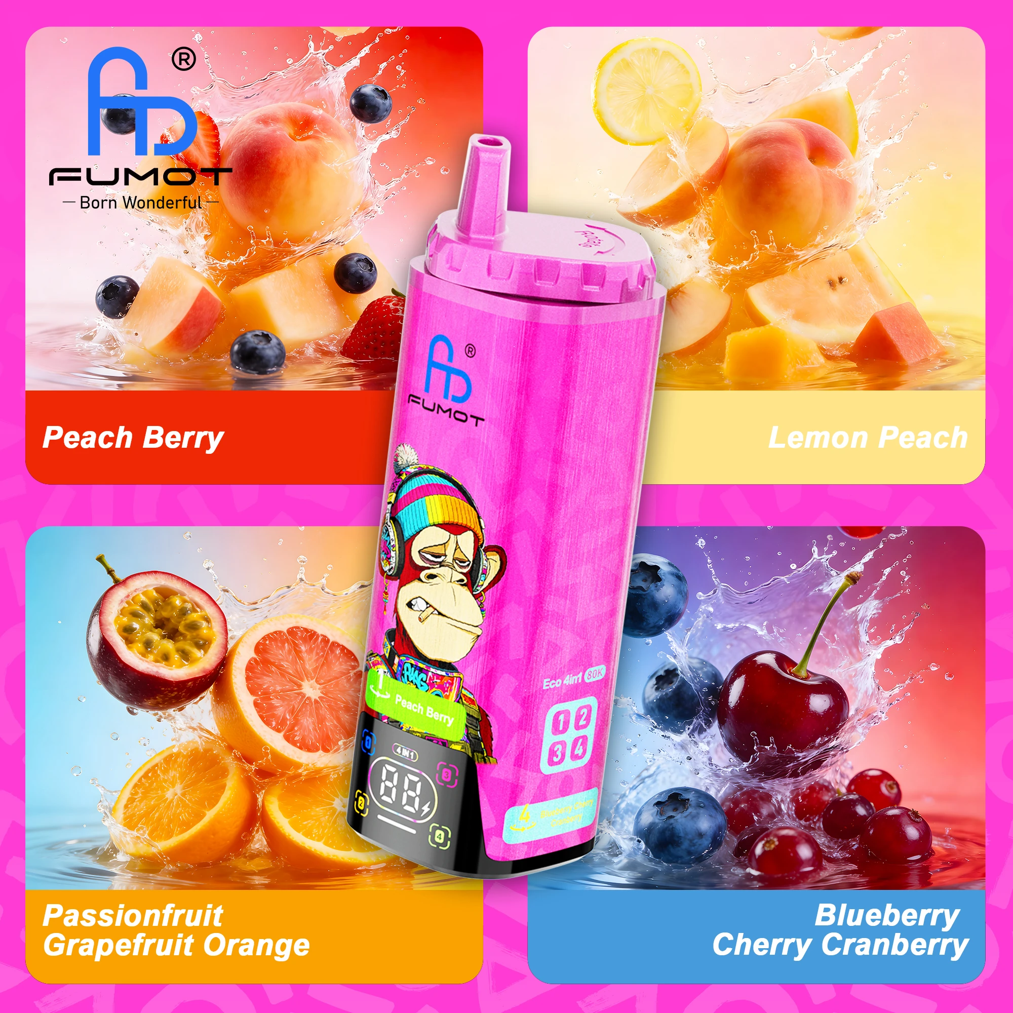 FUMOT ECO 4in1 80K 2% 4×6.5ml PEACH BERRY & LEMON PEACH & PASSIONFRUIT GRAPEFRUIT ORANGE & BLUEBERRY CHERRY CRANBERRY