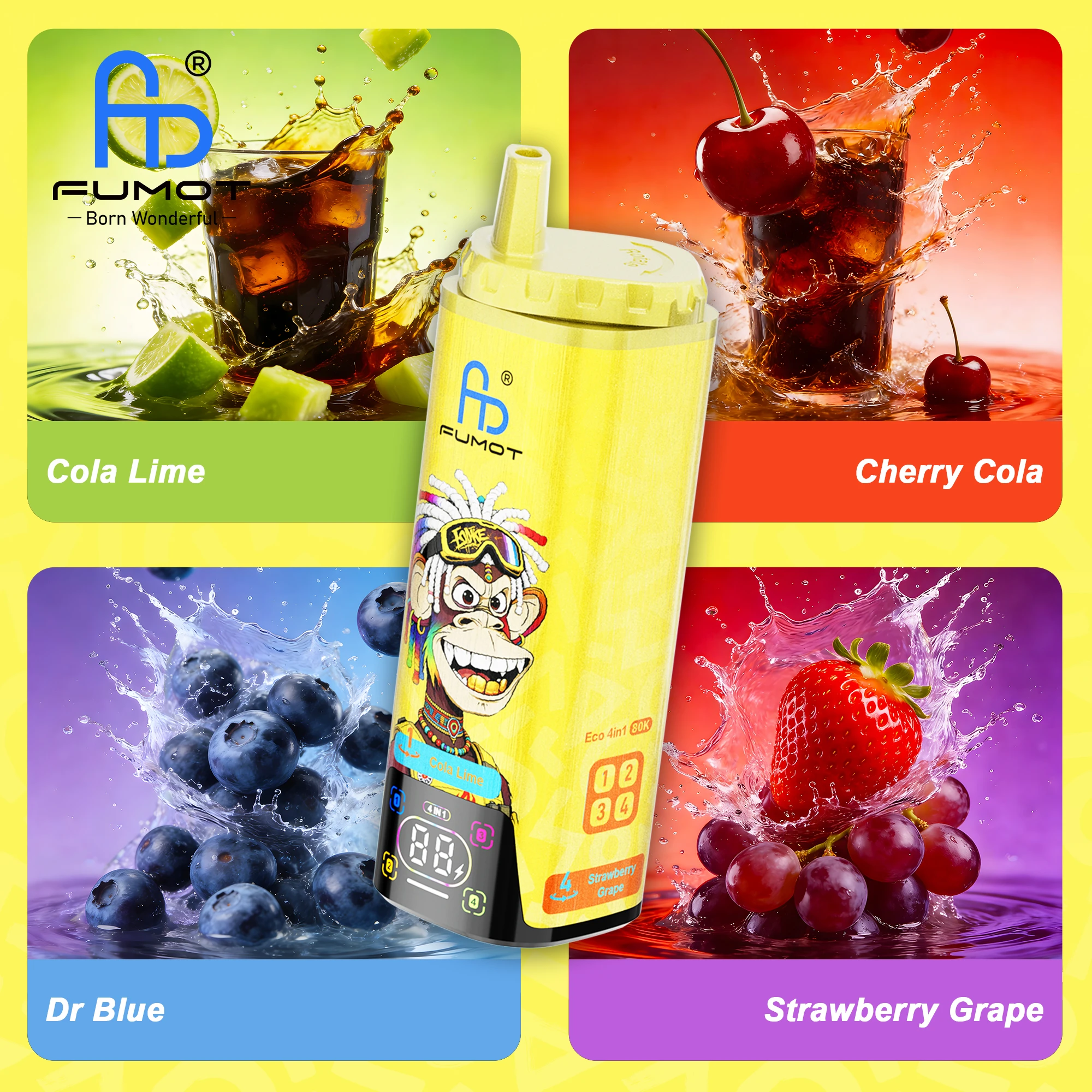 FUMOT ECO 4in1 80K 2% 4×6.5ml COLA LIME & CHERRY COLA & DR BLUE & STRAWBERRY GRAPE